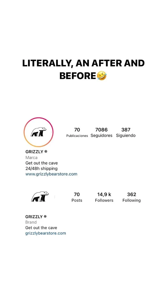 Dos capturas del perfil de Grizzly: 7.086 seguidores antes y 14,9k después