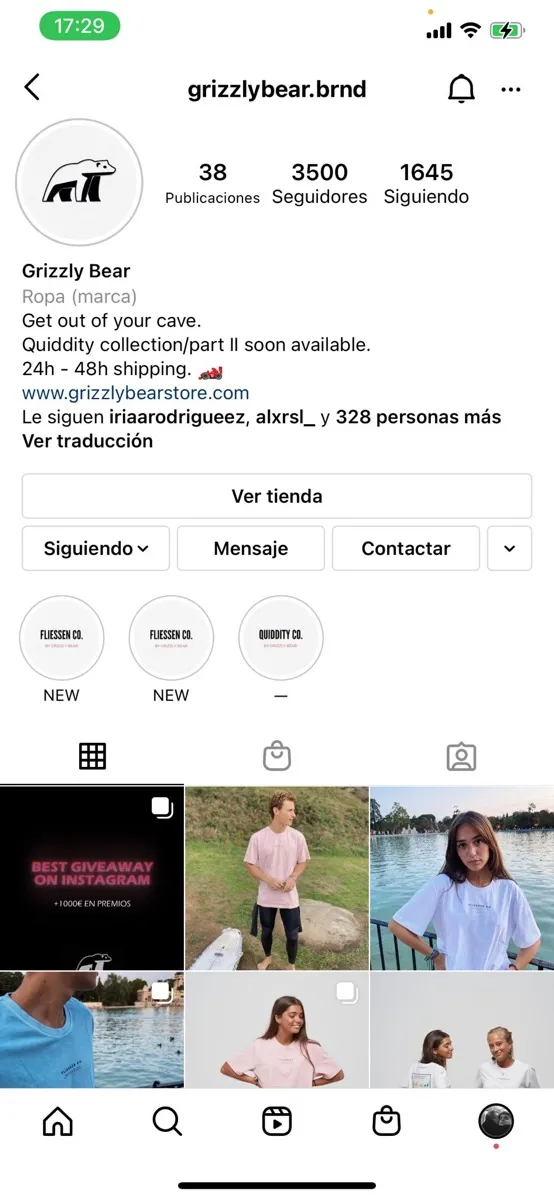Perfil de Instagram de Grizzly Bear con 3.500 seguidores